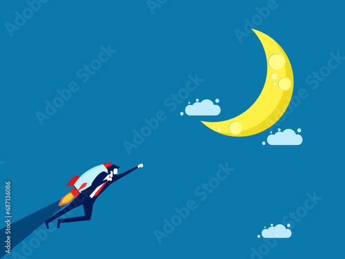 Intention, business success. Businessman flies on a rocket to the moon. vector