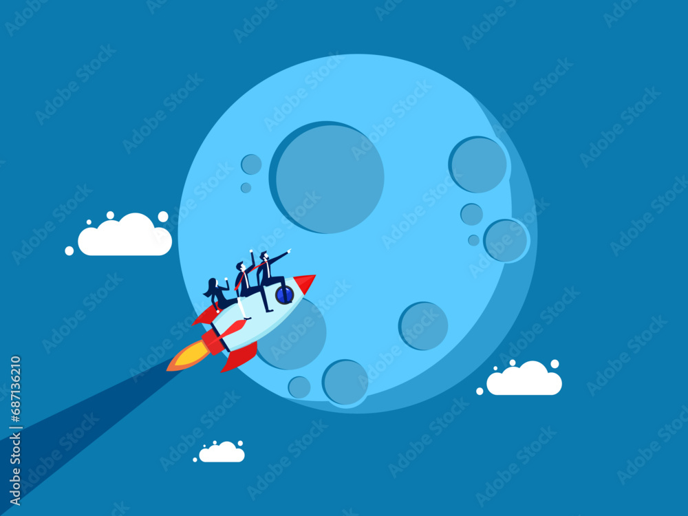 High growth concept. team of businessmen flies on a rocket to the moon. vector illustration