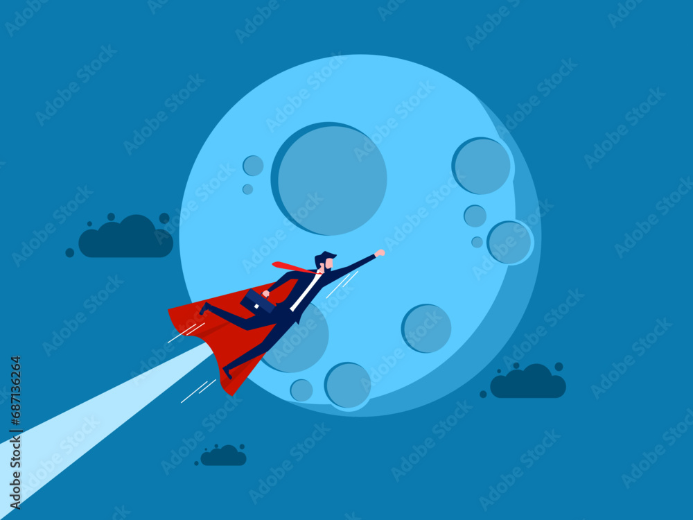 business is successful. Businessman hero flies to the moon. Vector