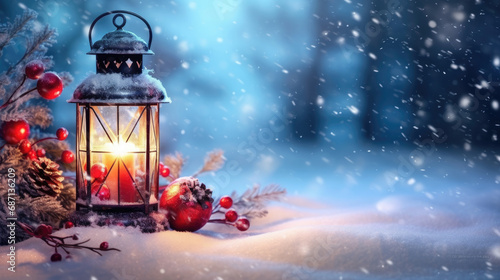 a lantern with a lit candle and a Christmas ornament placed in the snow. It's suitable for holiday-themed designs, greeting cards, and winter-themed promotions.. Winter Decoration,new year