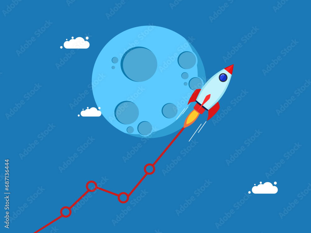 Stock trading or higher stock prices. Flying rocket takes growth chart and flies to the moon. Vector