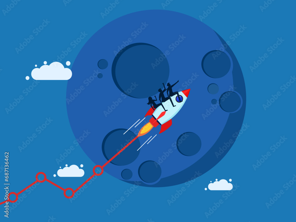 Stock prices grow. team of businessmen controls a rocket flying a growth graph to the moon. Vector