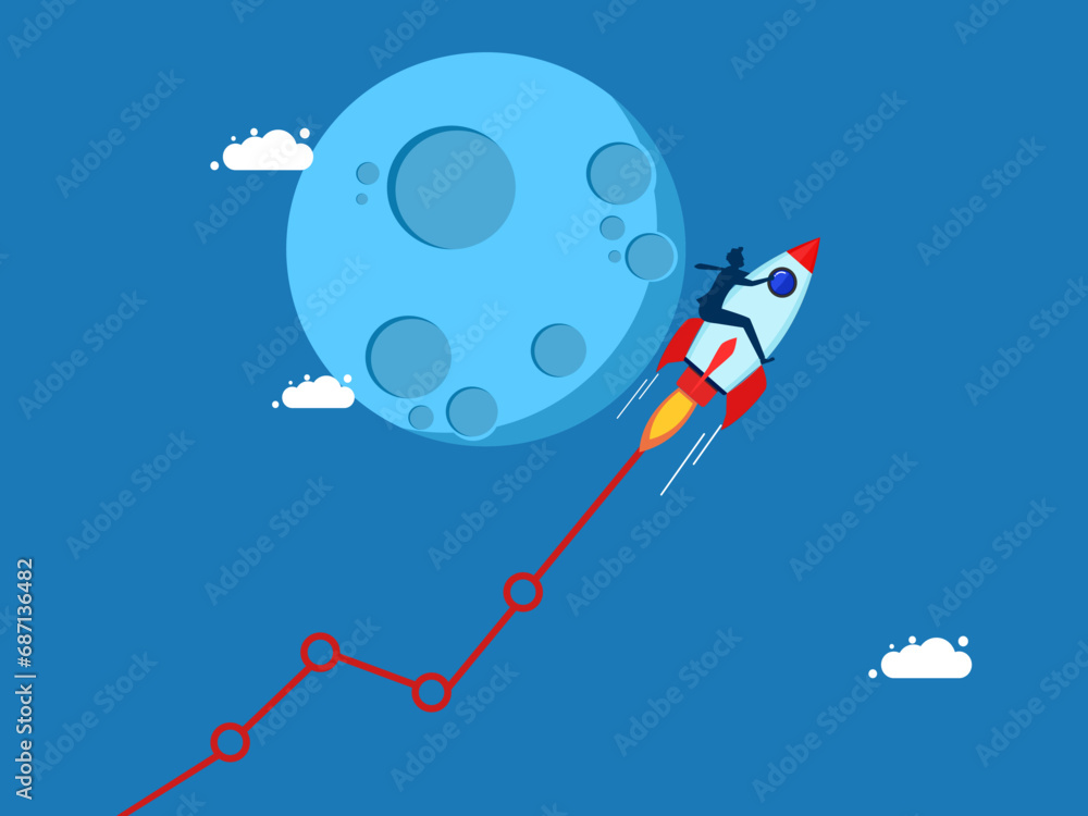Stock prices grow. businessman controls a flying rocket taking a growth graph to the moon. Vector