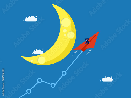 profit graph soared. businessman controls a paper airplane and takes a growth graph to fly to the moon. vector