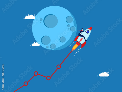 Get rich or invest to make a profit. businessman controls a flying rocket taking a growth graph to the moon. Vector