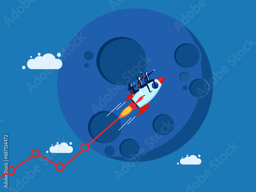 Invest to make a profit. team of businessmen controls a rocket flying a growth graph to the moon. Vector