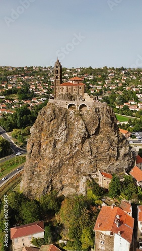 drone photo Saint-Michel d'Aiguilhe rock, Rocher Saint-Michel d'Aiguilhe France Europe photo