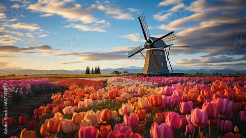 A charming wooden windmill surrounded by tulip fields, with the vibrant flowers creating a picturesque and iconic springtime scene photo