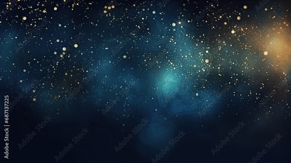 A close-up view of a blue and gold background with stars. Suitable for celestial, festive, or glamorous design projects such as invitations,  holiday-themed graphics.glitter lights. de focused. banner