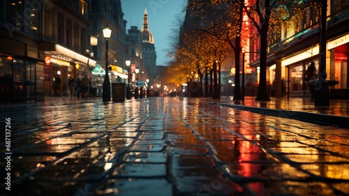 A city street during a gentle rain, with wet pavement reflecting the colorful lights, creating a cinematic and atmospheric urban scene