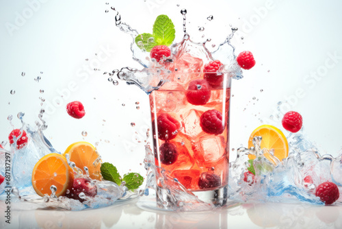 Cocktail with ice splashing. Hand drawn watercolor summer refreshing alcoholic drink. Cocktail with splash  digital abstract illustration for advert  menu  isolated on white