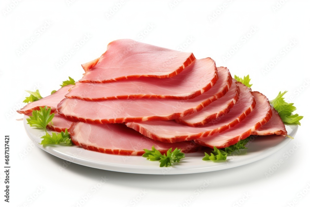 Italian ham bacon slices platter cutout minimal isolated on white background. Realistic Cures meat platter illustration. Italian slices of coppa, ham slices, icon, detailed. Italian ham bacon slices platter cutout minimal isolated on white background. Realistic Cures meat platter illustration. Italian slices of coppa, ham slices, icon, detailed.