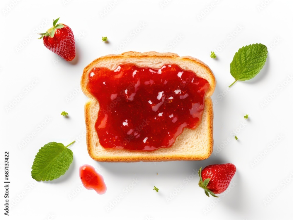 Toast spread with strawberry 3D close up, cutout minimal isolated on white background, realistic jam-filled bread and strawberry, icon, detailed. Grocery product advertising Toast spread with strawberry 3D close up, cutout minimal isolated on white background, realistic jam-filled bread and strawberry, icon, detailed. Grocery product advertising