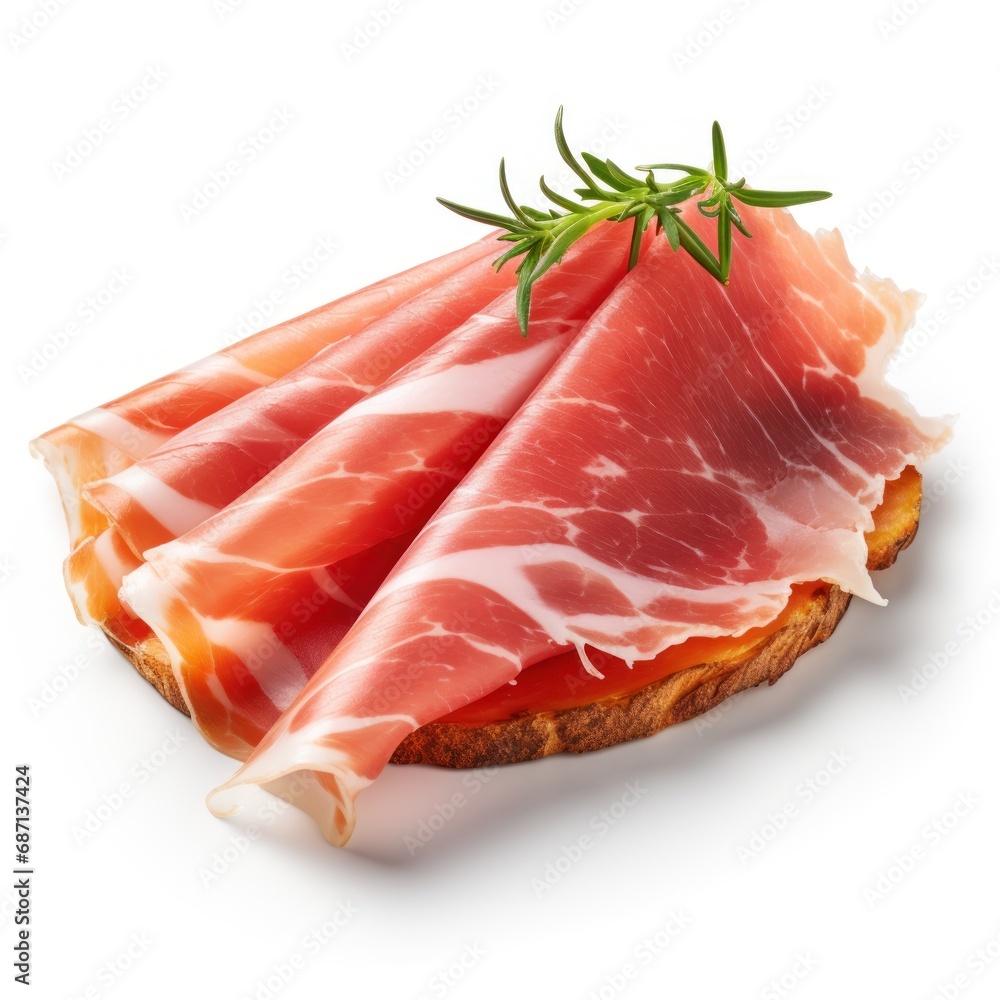 Italian ham bacon slices platter cutout minimal isolated on white background. Realistic Cures meat platter illustration. Italian slices of coppa, ham slices, icon, detailed.