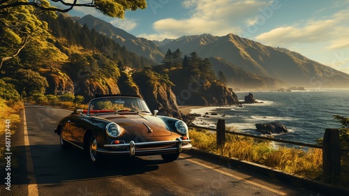 A classic convertible driving along a scenic coastal road, capturing the sense of freedom and adventure that comes with summer road trips