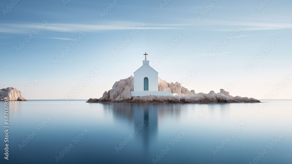 A church built on a small rocky island in the calm sea.