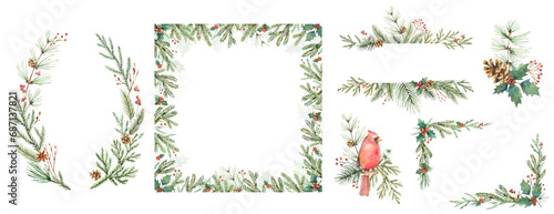 Christmas set of frames, wreaths, bouquets. Watercolor winter greenery, Cardinal bird, holly berries, fir branches. A template for a festive greeting card, invitations, decorations, fashion. 