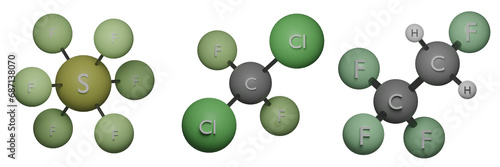 Greenhouse gases molecules set:
Dichlorodifluoromethane (CCl2F2), Tetrafluoromethane(C2H2F4) and Sulphur Hexafluoride(SF6)
 photo