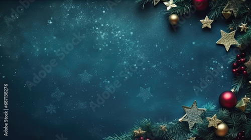 Christmas decorations on a dark blue background with stars and fir branches,Christmas background with xmas tree and sparkle bokeh lights. Merry christmas card. Winter holiday theme. Happy New Year