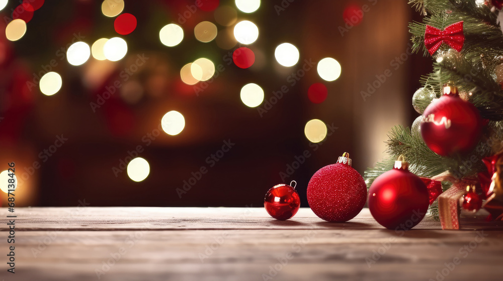  christmas tree and decorations on a wooden table,Christmas background with xmas tree and sparkle bokeh lights on red . Merry christmas card. Winter holiday theme. Happy New Year. Space for text