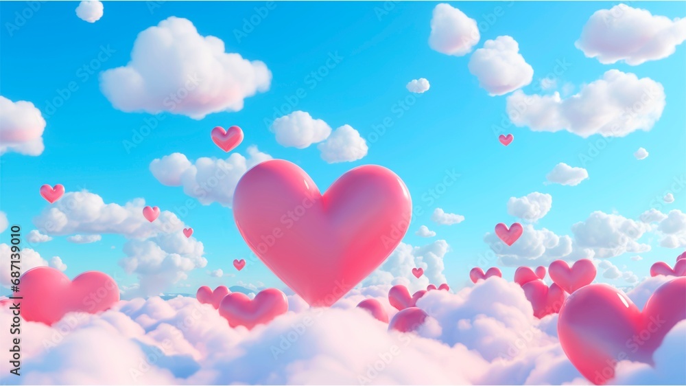 3d red hearts on the blue sky with clouds in Valentine's banner concept