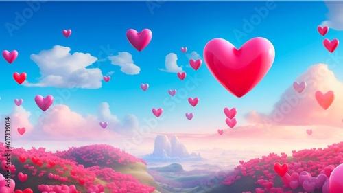 3d red and pink hearts on the blue sky with clouds in Valentine's banner concept