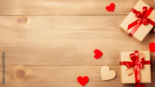 Brown gift boxes with red ribbon bow and red hearts decoration on a wooden background in top view with copy space for Valentine's concept