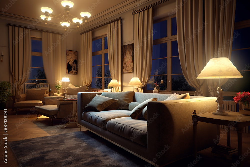 Fototapeta premium Cozy living room at night with warm lighting, comfortable sofa