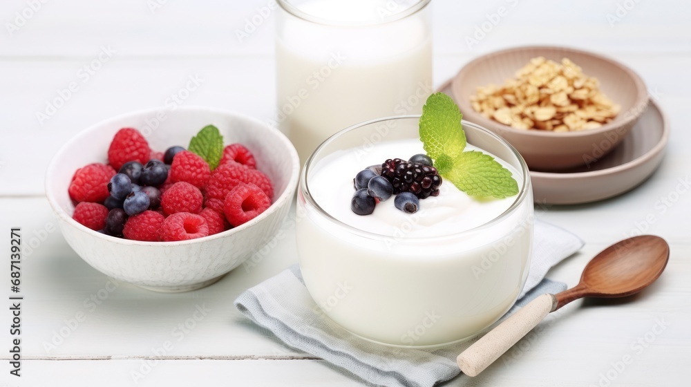 The Wholesome Experience of Fresh Yogurt on a White Table, Perfect for Probiotic Needs. Generative AI The Wholesome Experience of Fresh Yogurt on a White Table, Perfect for Probiotic Needs. Generative AI