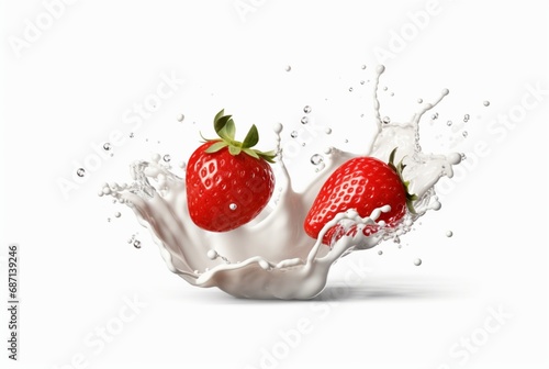 splash of milk or yogurt with strawberries isolated on white background. generative ai