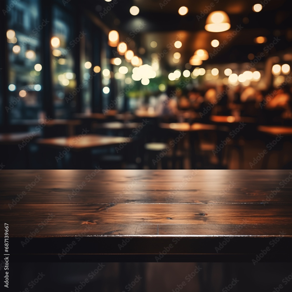Empty Wooden Table for Food Photography in the Background of a Blurred Restaurant - Generative AI