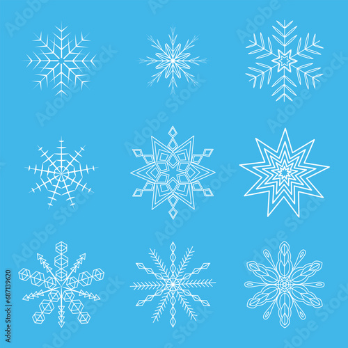 Nine species of white snowflakes on a blue background. Illustration of white snowflakes nine different pieces. Winter symbol white snowflake in several variations