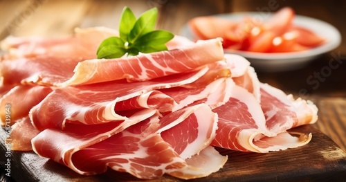 The Essence of Savory - Slices of cured ham on a wooden table. Generative AI photo