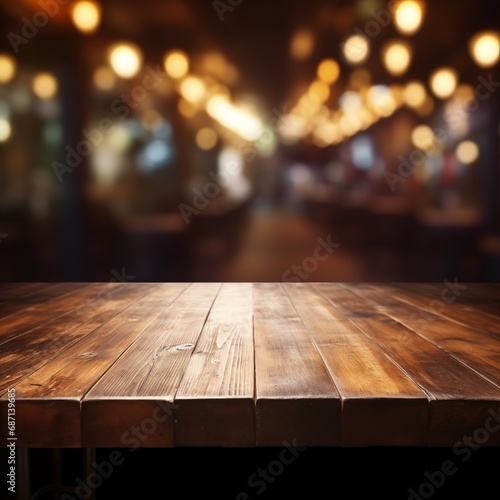 Empty Wooden Table for Food Photography in the Background of a Blurred Restaurant - Generative AI © Adib