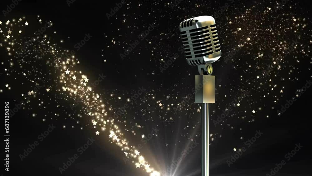 Animation of retro microphone with shooting star on black background