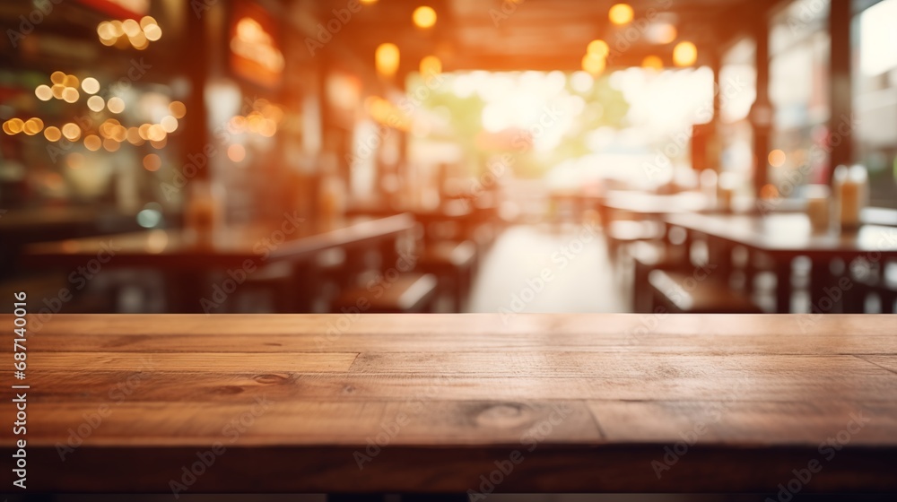 Empty Wooden Table for Food Photography in the Background of a Blurred Restaurant - Generative AI