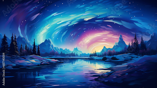 landscape with polar lights. watercolor illustration photo