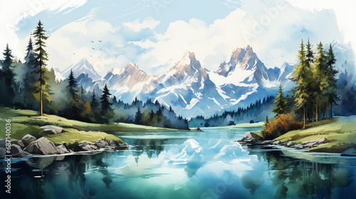 lake in the mountains. watercolor illustration