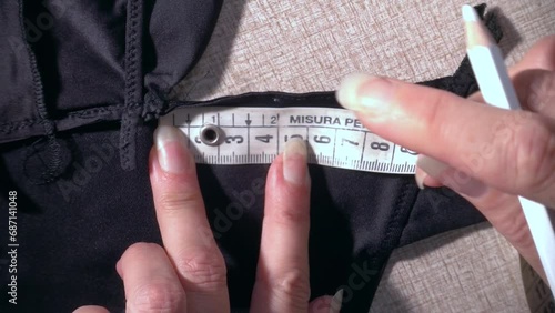 Video of a seamstress using a dressmaker's tape measure and sartorial white pencil in an Italian tailoring workshop. The tape measure bears the eccription in Italian: 