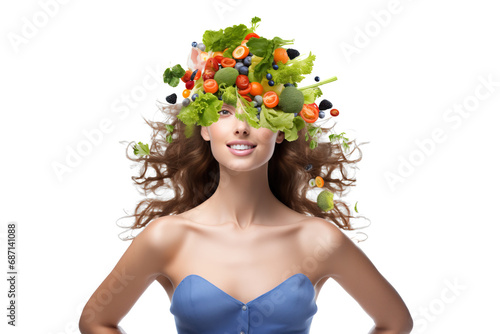 Healthy Woman with Fresh Vegetables and Fruits on Head
