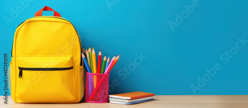 School Backpack and Colorful Stationery on Desk
