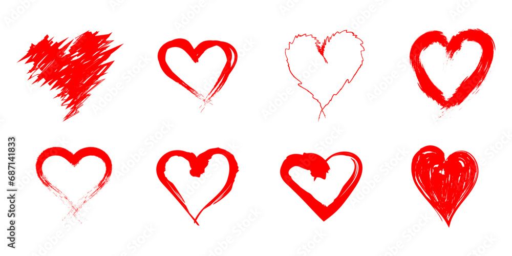 Set of red vector hearts drawn by hand with texture brushes. Big set of hearts. Valentine's Day. Design elements, decoration for postcards. Vector EPS 10