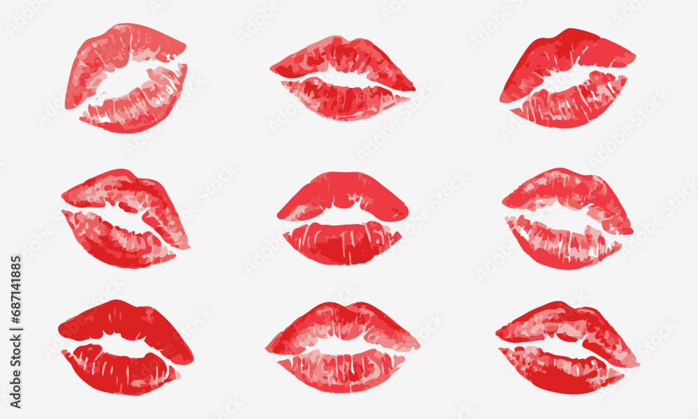 Set imprint kiss lips on isolated background. Realistisch vector kiss in red color. Human lips. Vector EPS 10 - obrazy, fototapety, plakaty 