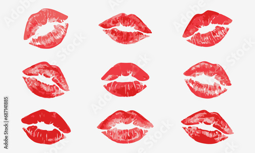 Set imprint kiss lips on isolated background. Realistisch vector kiss in red color. Human lips. Vector EPS 10 photo