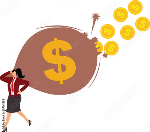 Businesswoman losing money, from sack bag stock illustration