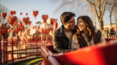 A joyful couple seated in an amusement park ride, surrounded by heart-shaped decorations, celebrating Valentine's Day. © Antonio
