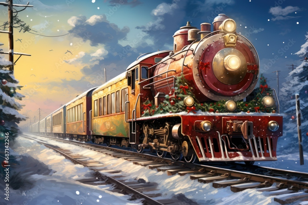 Christmas Trains - Generative AI - obrazy, fototapety, plakaty 