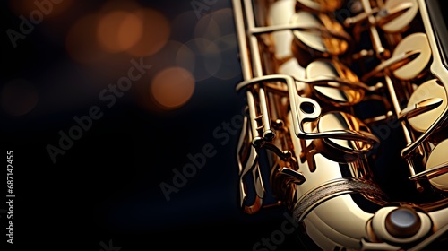 Close-up details of a saxophone's keys and mouthpiece, background image, AI generated photo