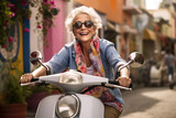 Happy mature woman driving scooter in street