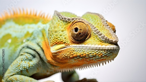 Close-up portrait of a chameleon against white background  background image  AI generated